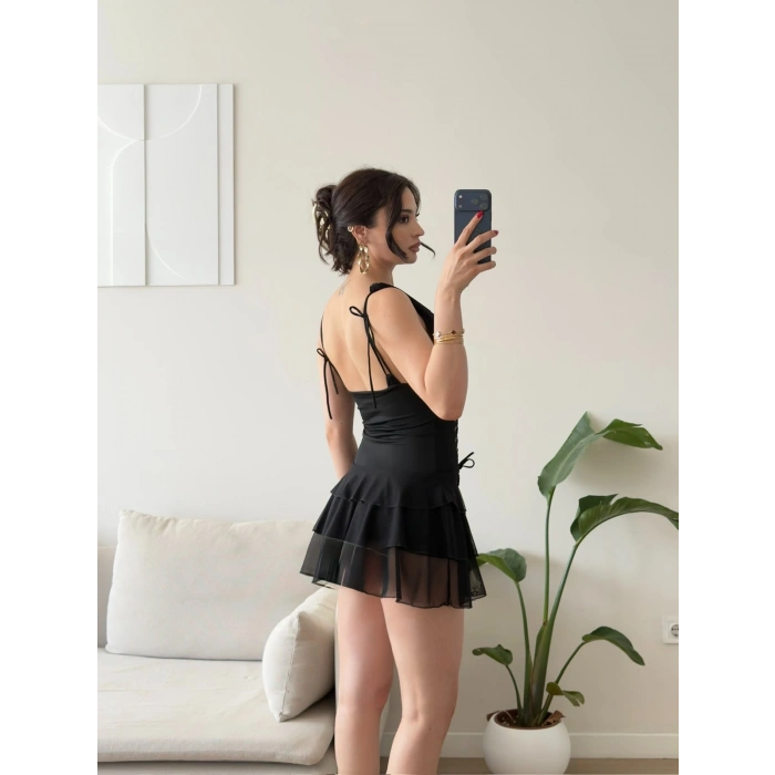 Rosalie Korse Detaylı Katlı Mini Elbise - SİYAH