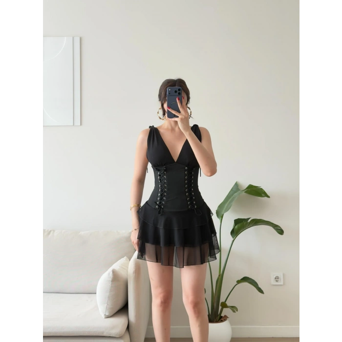 Rosalie Korse Detaylı Katlı Mini Elbise - SİYAH