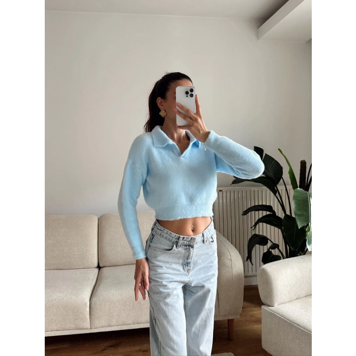 Sakallı Polo Yaka Crop - MAVİ