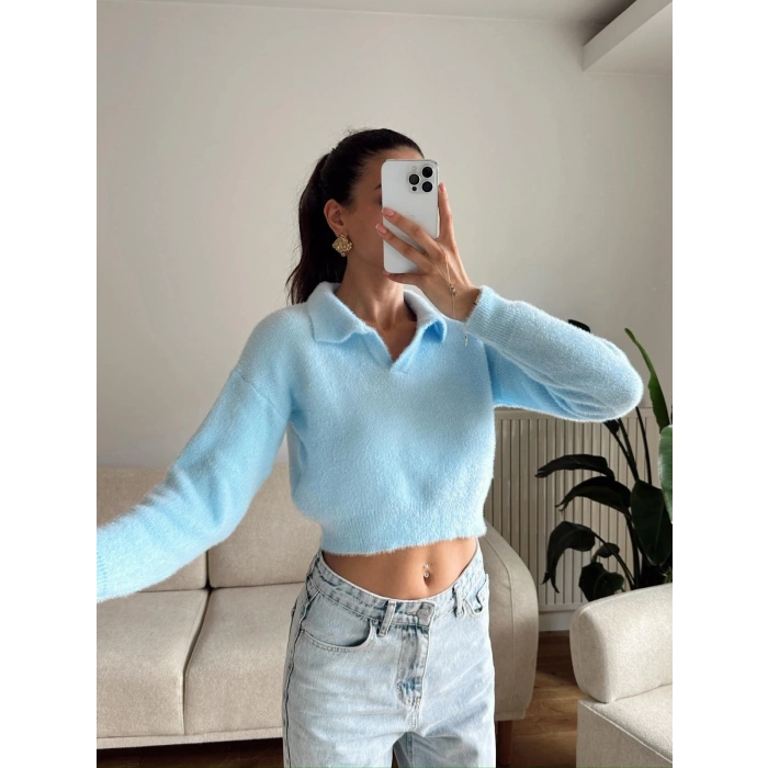 Sakallı Polo Yaka Crop - MAVİ