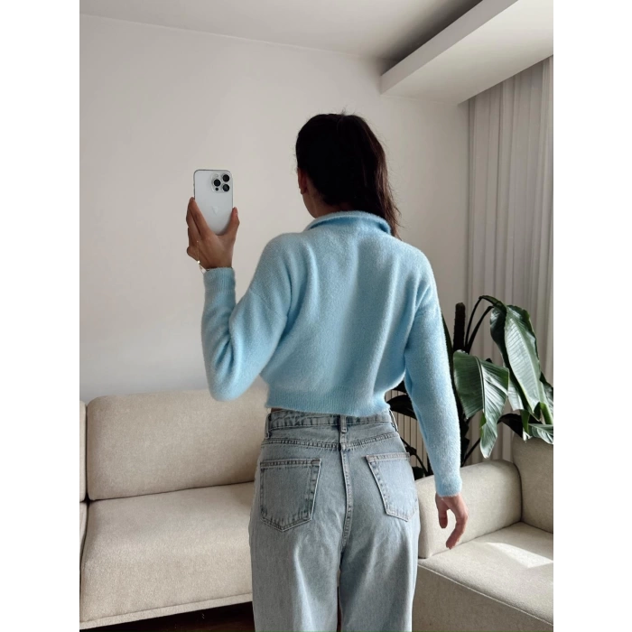 Sakallı Polo Yaka Crop - MAVİ