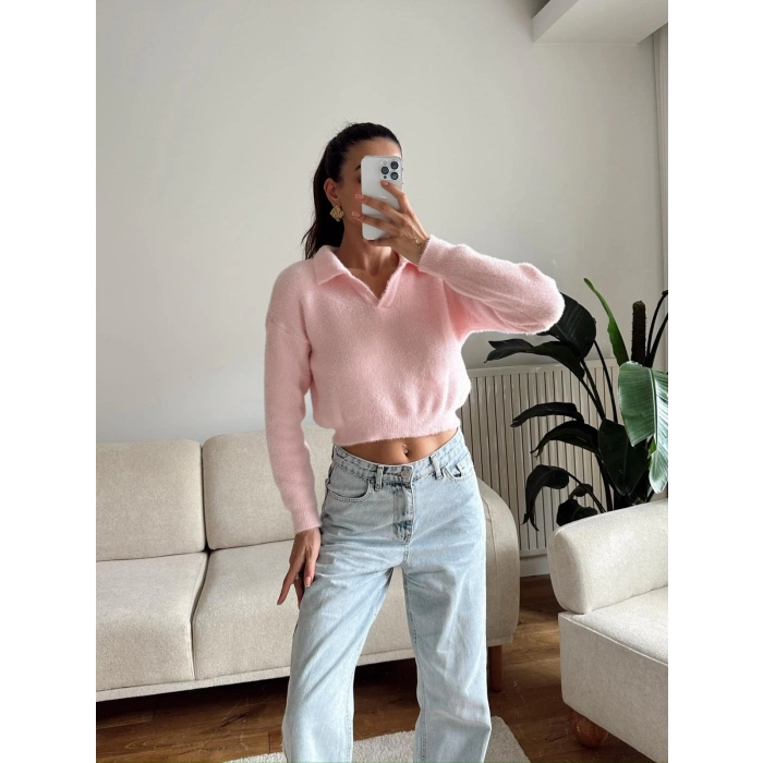 Sakallı Polo Yaka Crop - PEMBE