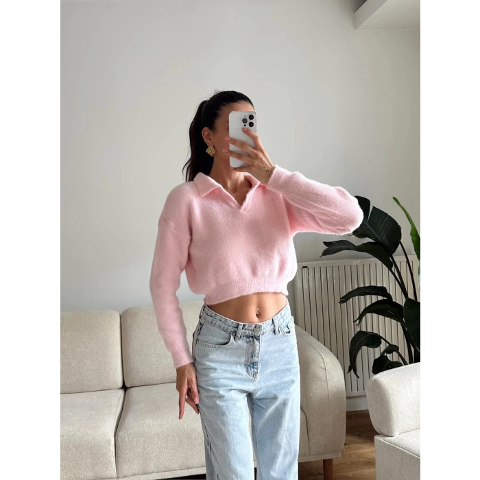 Sakallı Polo Yaka Crop - PEMBE
