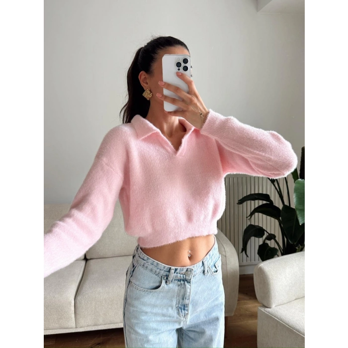 Sakallı Polo Yaka Crop - PEMBE