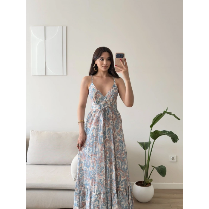 Şal Desen Askılı Maxi Elbise - MAVİ