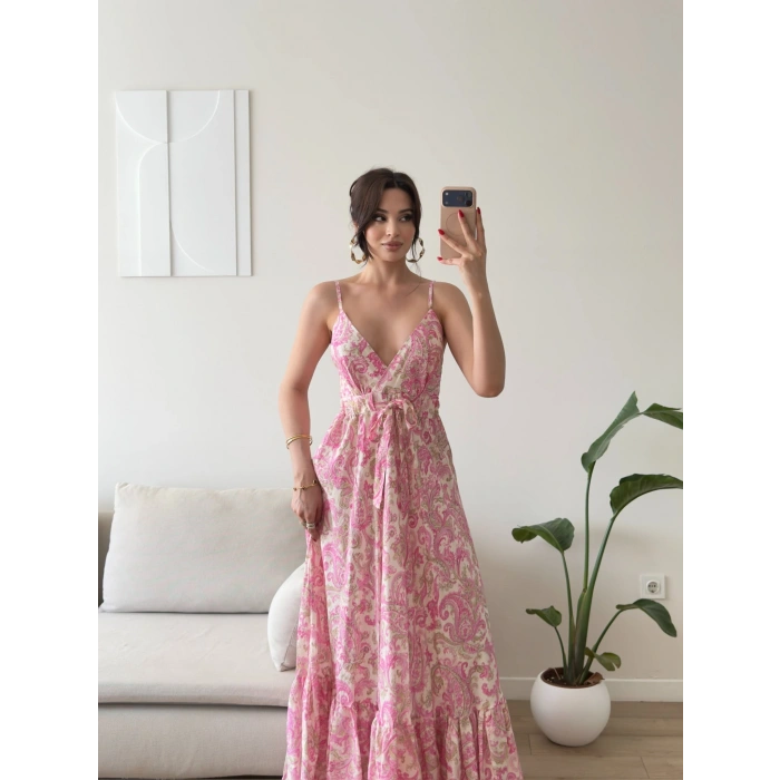 Şal Desen Askılı Maxi Elbise - PEMBE