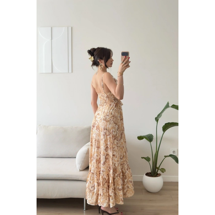 Şal Desen Askılı Maxi Elbise - SARI