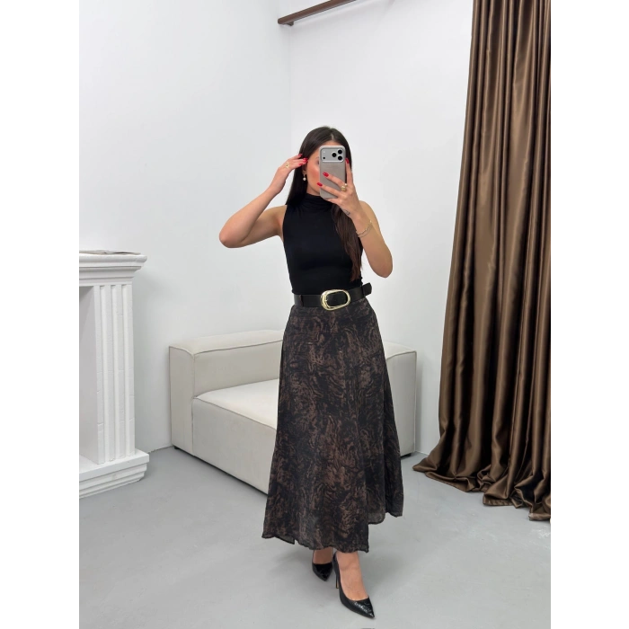 Şal Desen Astarlı Şifon Etek - FÜME