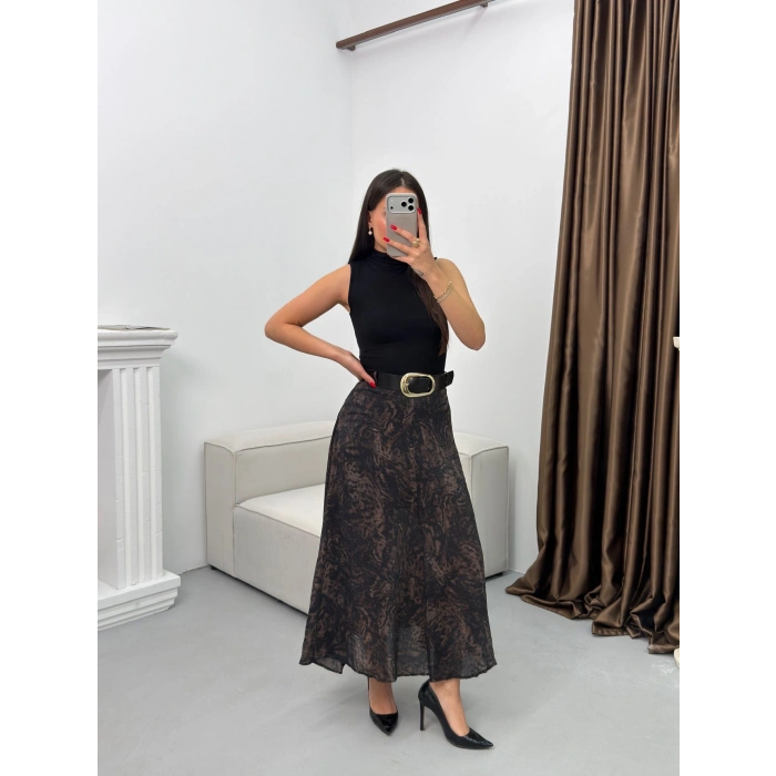 Şal Desen Astarlı Şifon Etek - FÜME