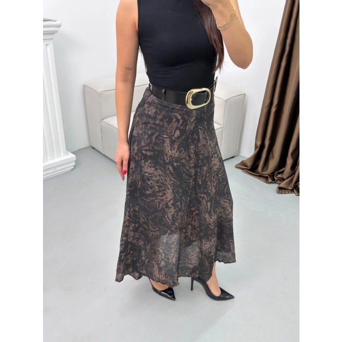 Şal Desen Astarlı Şifon Etek - FÜME