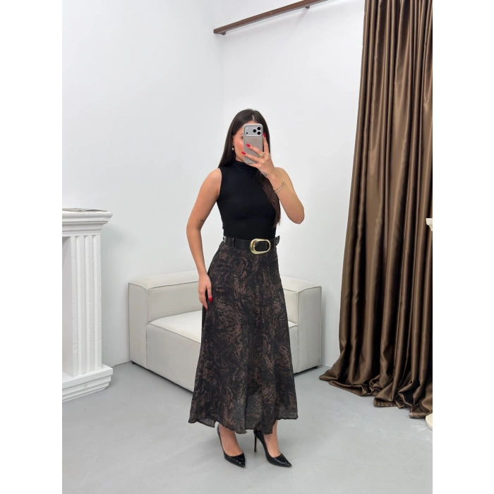 Şal Desen Astarlı Şifon Etek - FÜME