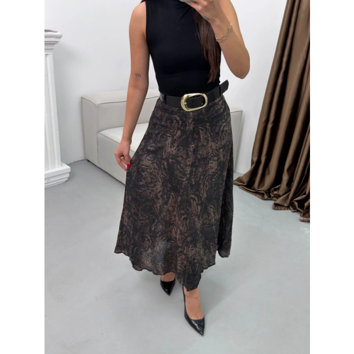 Şal Desen Astarlı Şifon Etek - FÜME