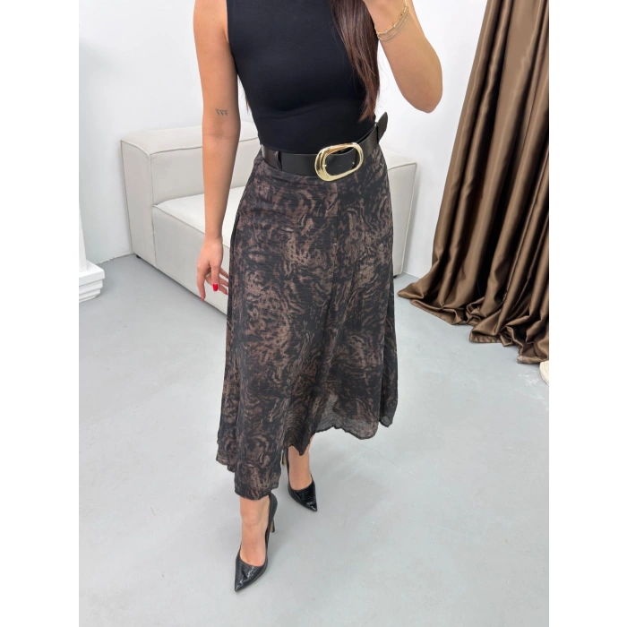 Şal Desen Astarlı Şifon Etek - FÜME