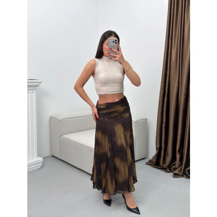 Şal Desen Astarlı Şifon Etek - KAHVE