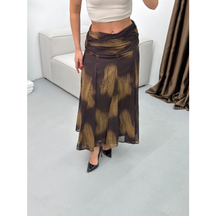 Şal Desen Astarlı Şifon Etek - KAHVE