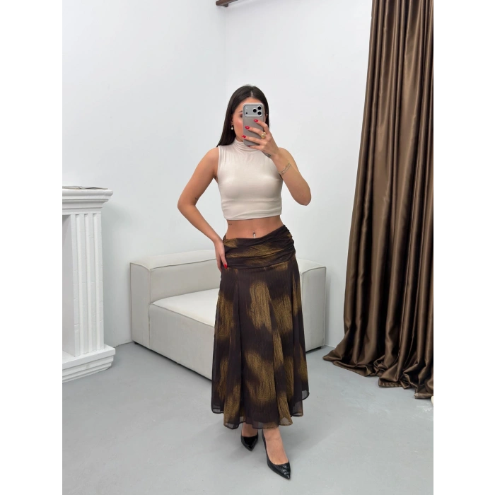 Şal Desen Astarlı Şifon Etek - KAHVE