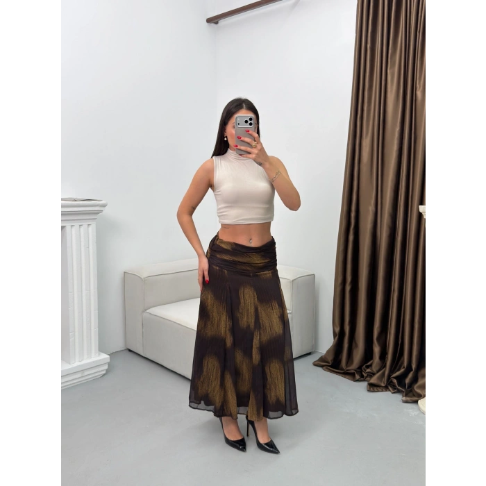 Şal Desen Astarlı Şifon Etek - KAHVE