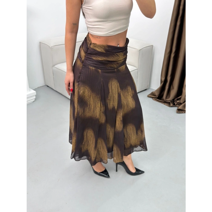 Şal Desen Astarlı Şifon Etek - KAHVE