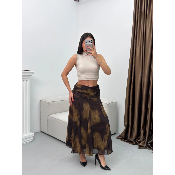 Şal Desen Astarlı Şifon Etek - KAHVE