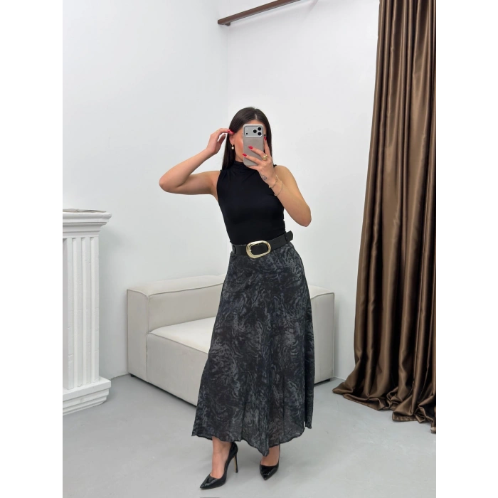 Şal Desen Astarlı Şifon Etek - LACİVERT