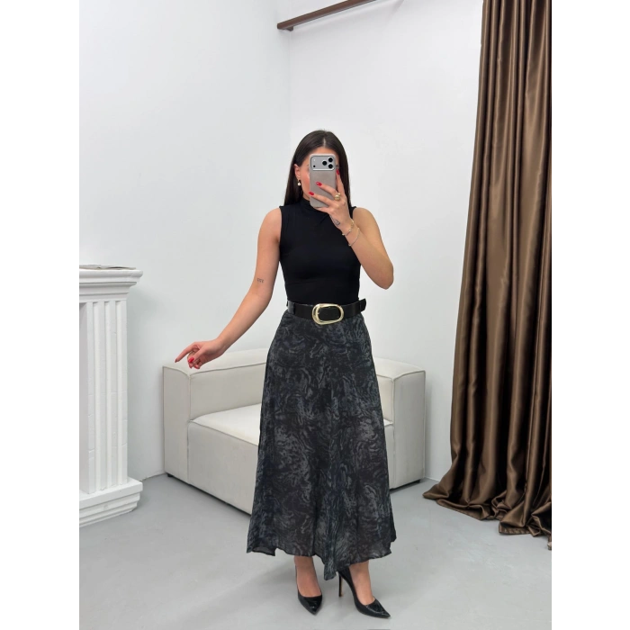 Şal Desen Astarlı Şifon Etek - LACİVERT