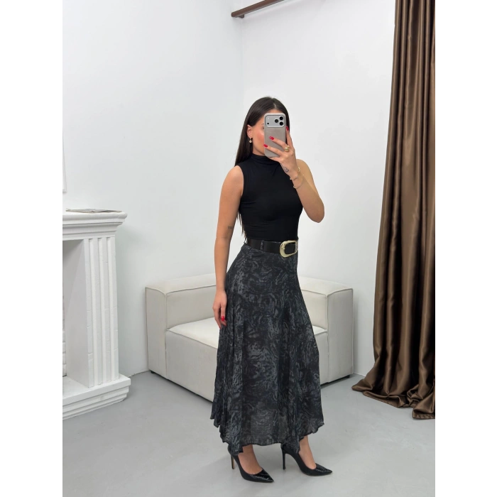 Şal Desen Astarlı Şifon Etek - LACİVERT