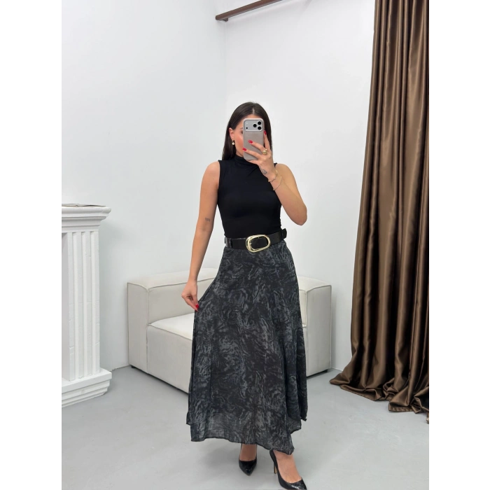 Şal Desen Astarlı Şifon Etek - LACİVERT