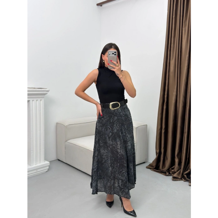 Şal Desen Astarlı Şifon Etek - LACİVERT