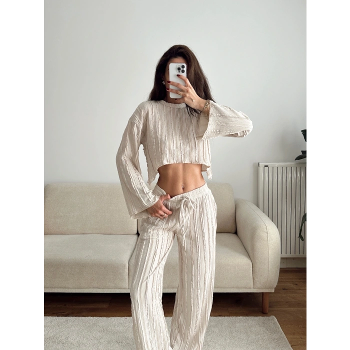 Salaş Crop & Pantolon Takım - BEJ