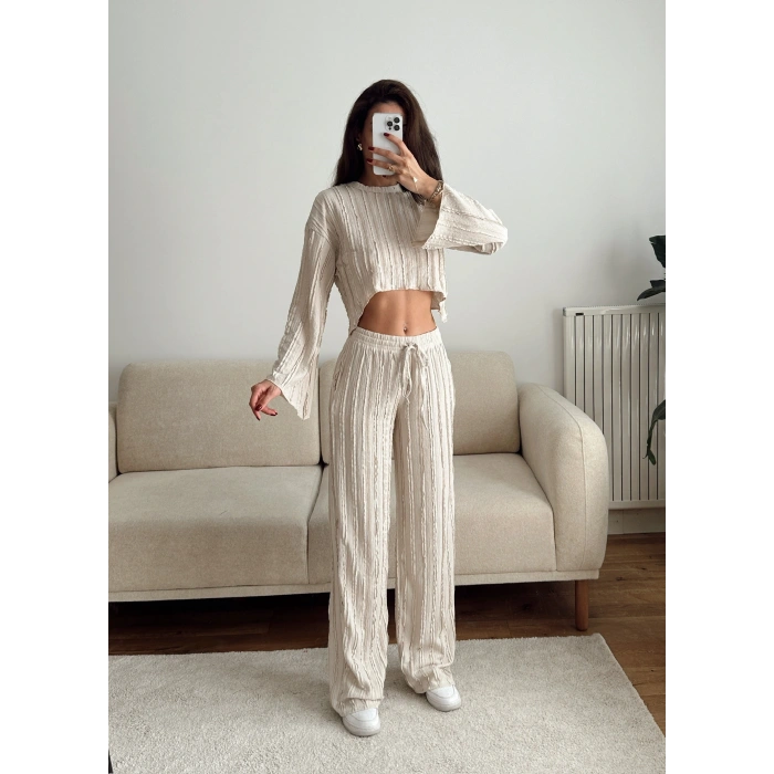 Salaş Crop & Pantolon Takım - BEJ