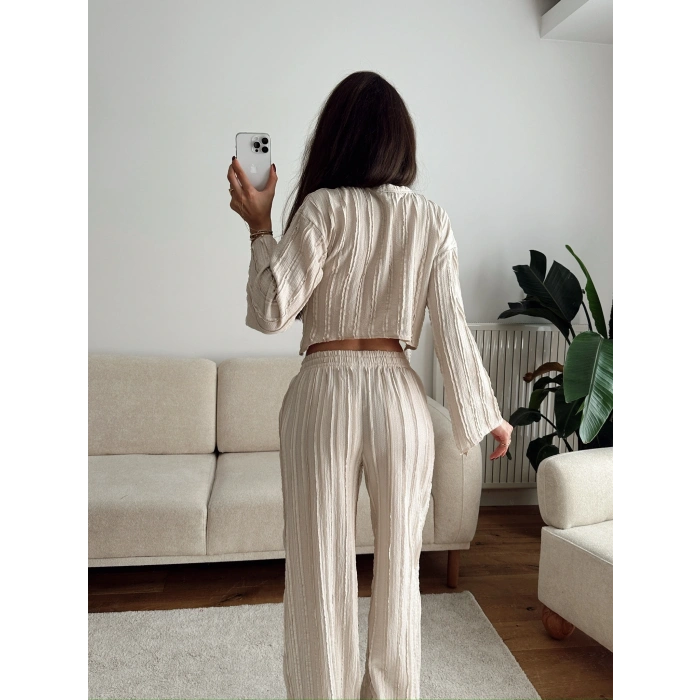 Salaş Crop & Pantolon Takım - BEJ