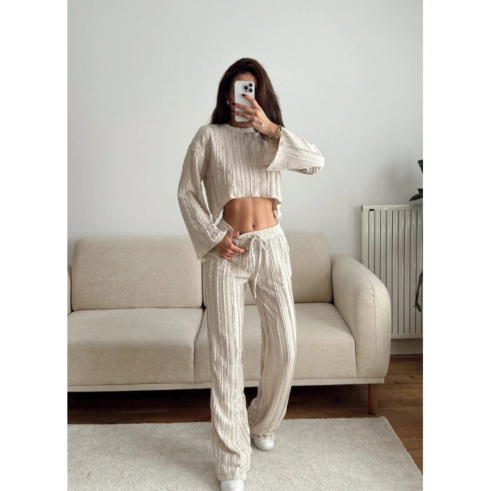 Salaş Crop & Pantolon Takım - BEJ