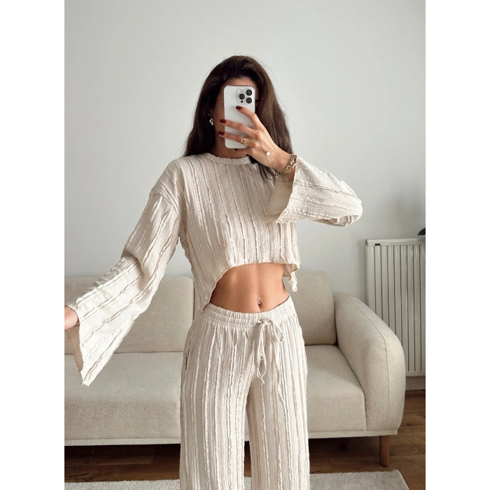 Salaş Crop & Pantolon Takım - BEJ
