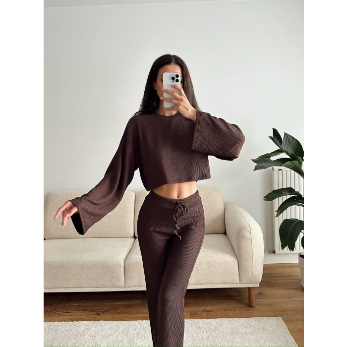 Salaş Crop & Pantolon Takım - KAHVE