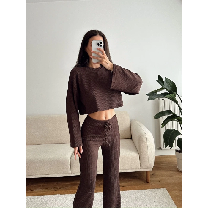 Salaş Crop & Pantolon Takım - KAHVE
