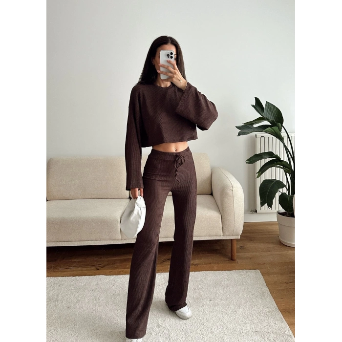 Salaş Crop & Pantolon Takım - KAHVE