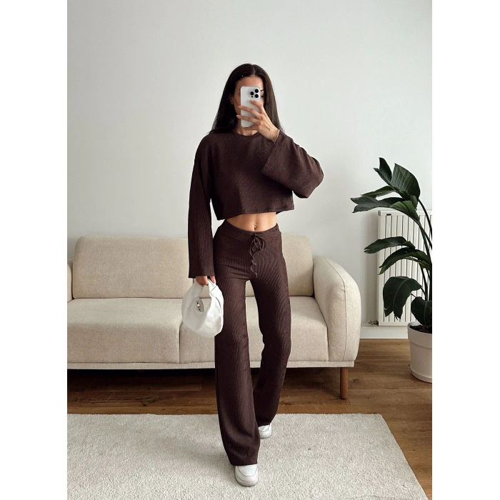 Salaş Crop & Pantolon Takım - KAHVE