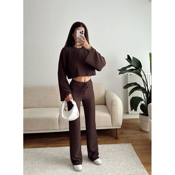 Salaş Crop & Pantolon Takım - KAHVE