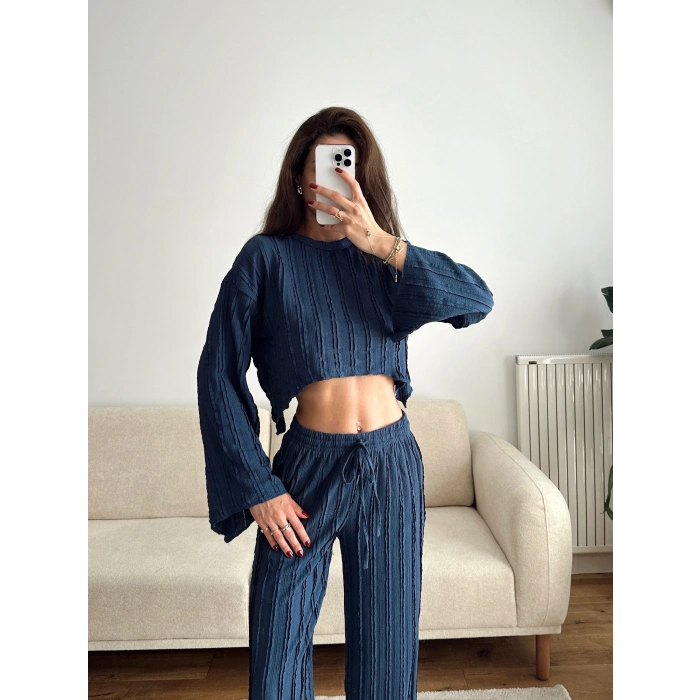 Salaş Crop & Pantolon Takım - LACİVERT