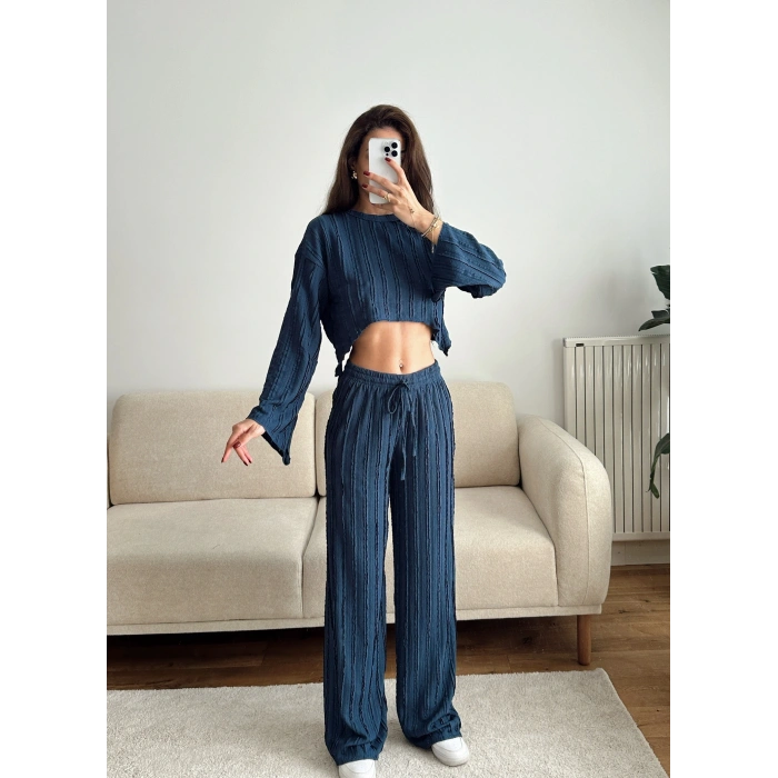 Salaş Crop & Pantolon Takım - LACİVERT