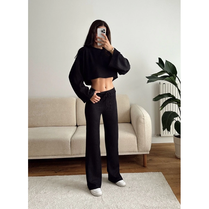 Salaş Crop & Pantolon Takım - SİYAH