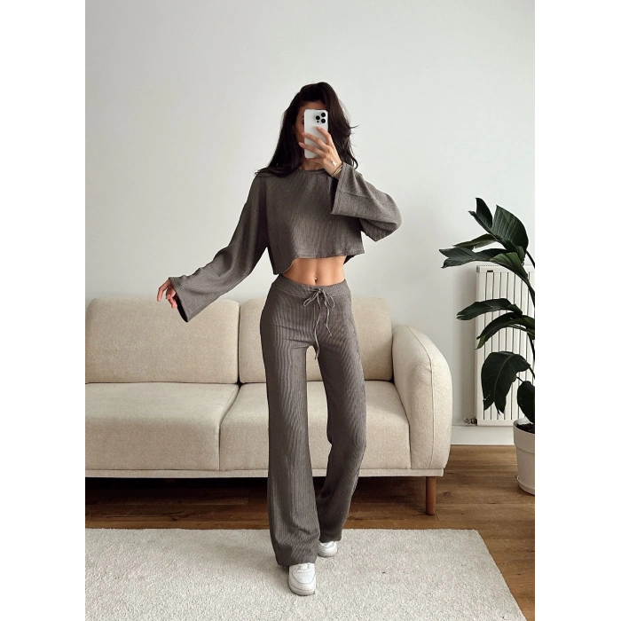 Salaş Crop & Pantolon Takım - VİZON