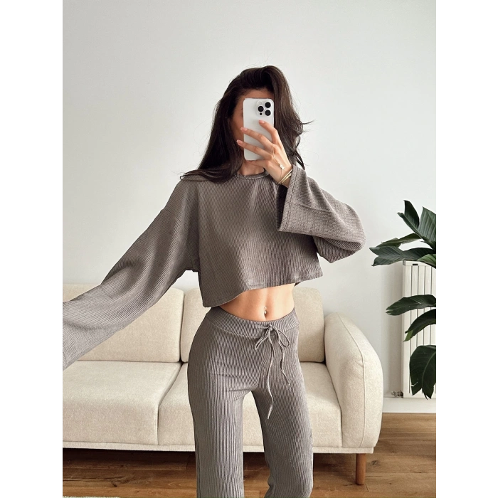 Salaş Crop & Pantolon Takım - VİZON