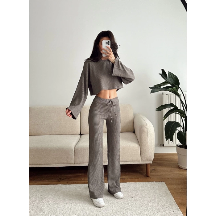 Salaş Crop & Pantolon Takım - VİZON