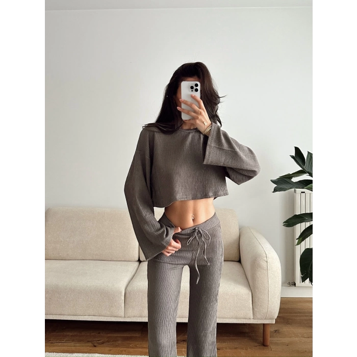 Salaş Crop & Pantolon Takım - VİZON