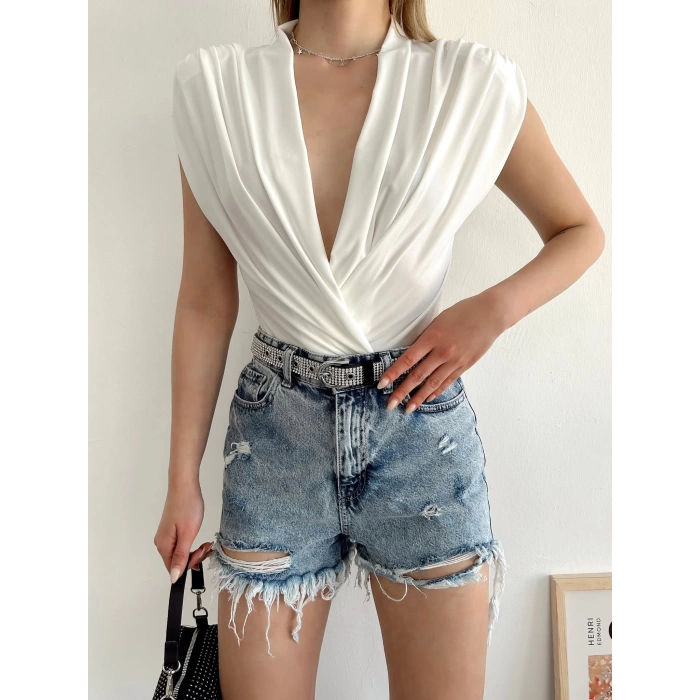Sandy Kumaş Bodysuit -BEYAZ