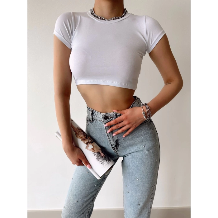 Sandy Kumaş Crop T-shirt-BEYAZ