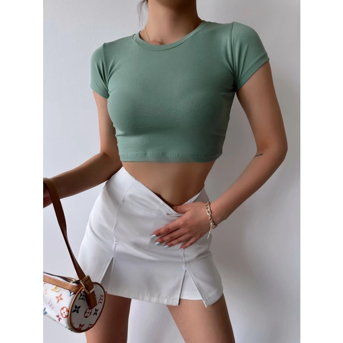 Sandy Kumaş Crop T-shirt-YEŞİL