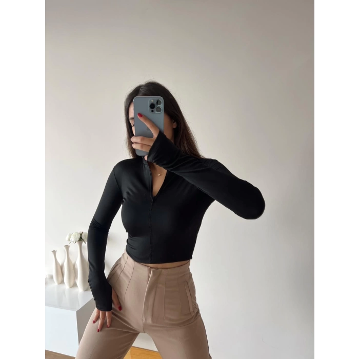 Şardonlu Fermuar Detay Crop Bluz-SİYAH