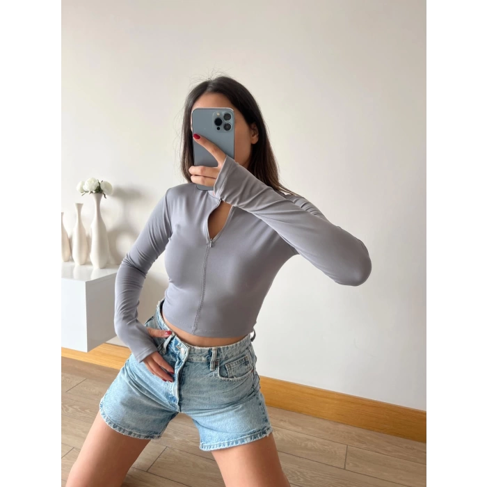 Şardonlu Fermuar Detay Crop Bluz-GRİ